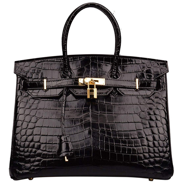 Haden Crocodile Embossed Leather Handbag - Gold 25 cm - HandbagCrave UK